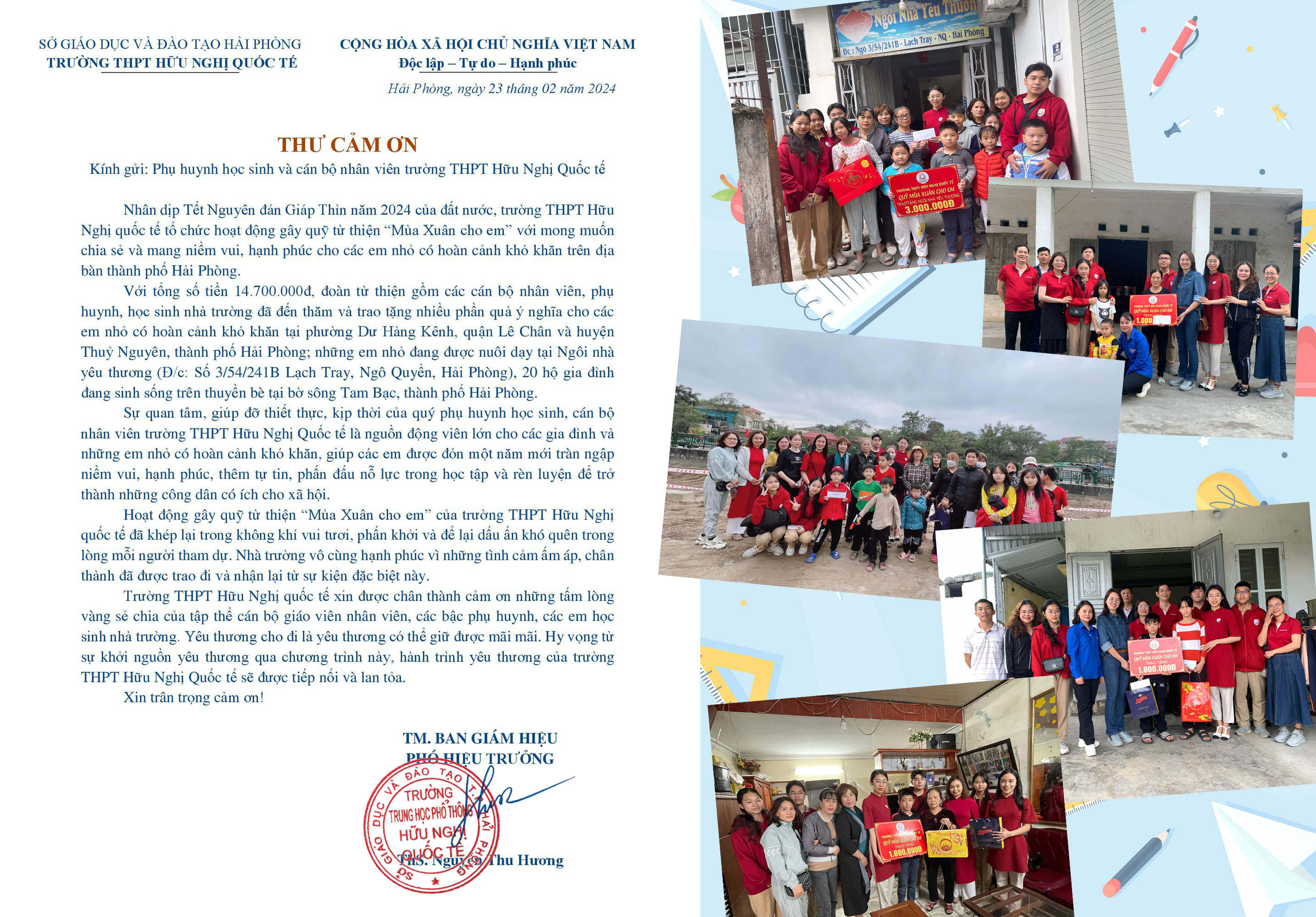 Thư cảm ơn Chiến dịch tình nguyện “Mùa xuân cho em”